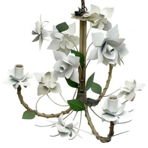 Lustre Artesanal para Varanda Rustico de Ferro com Flores 03 Bocas - Branco & Verniz