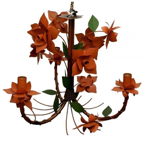 Lustre Artesanal para Varanda Rustico de Ferro com Flores 03 Bocas - Laranja