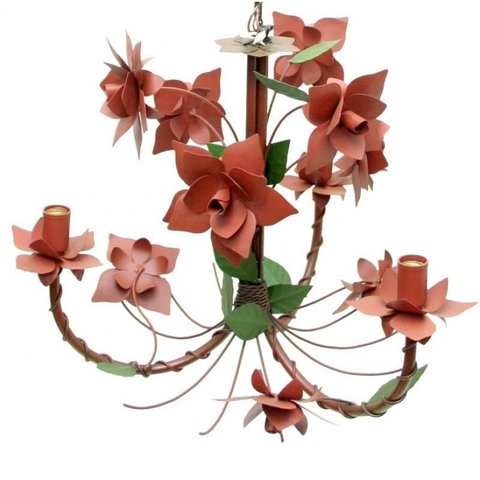 Lustre Artesanal para Varanda Rustico de Ferro com Flores 03 Bocas - Vermelho Escuro