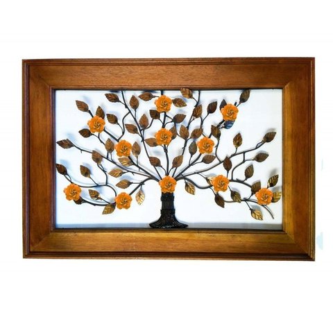 Moldura de Madeira com Flores de Ferro Artesanal de Folhas e Arvores - Laranja