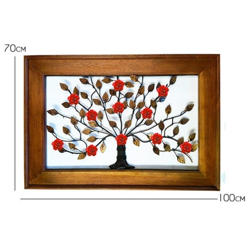 Moldura Decorativa para Sala Artesanal em Ferro Rústico com Árvore de Flores - Vermelho Escuro - 2
