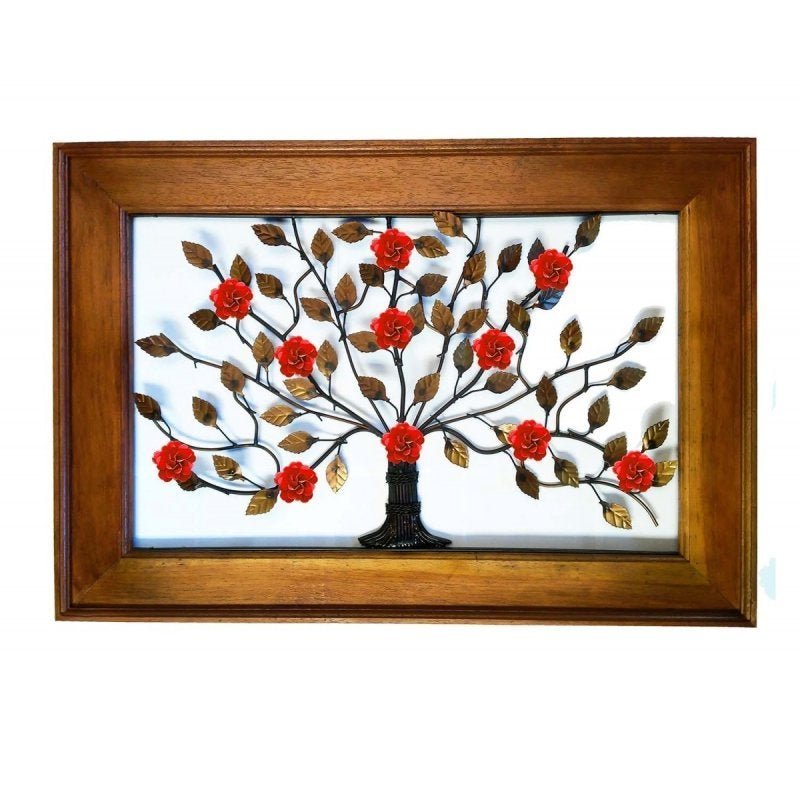 Moldura Decorativa para Sala Artesanal em Ferro Rústico com Árvore de Flores - Vermelho Escuro - 1