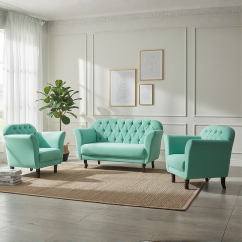 Kit Namoradeira + 2 Poltronas Decorativa Dália Veludo Acqua