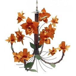 Lustre para Sala de Estar Artesanal de Ferro com Flores de Lata - Laranja - 1