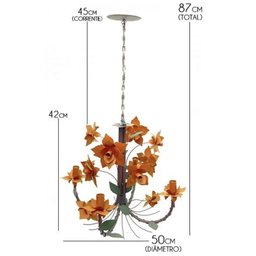 Lustre para Sala de Estar Artesanal de Ferro com Flores de Lata - Laranja - 2