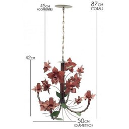 Lustre para Sala de Estar Artesanal de Ferro com Flores de Lata - Vermelho Escuro - 3