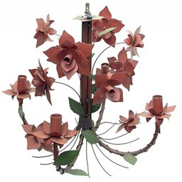 Lustre para Sala de Estar Artesanal de Ferro com Flores de Lata - Vermelho Escuro - 1
