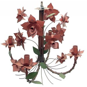 Lustre para Sala de Estar Artesanal de Ferro com Flores de Lata - Vermelho Escuro