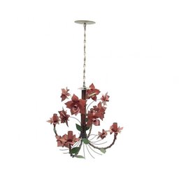 Lustre para Sala de Estar Artesanal de Ferro com Flores de Lata - Vermelho Escuro - 2
