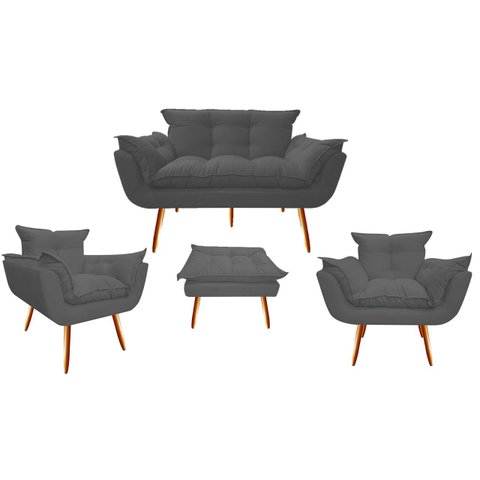Kit Namoradeira + 2 Poltronas + 1 Puff Decorativo Opala Suede Cinza Pés Madeira Ms Decor