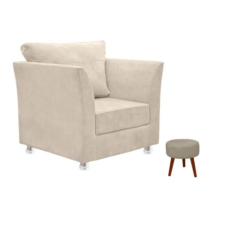 01 Poltrona Lisboa Decorativa + 01 Puff Redondo Decorativo Suede Escolha Sua Cor
