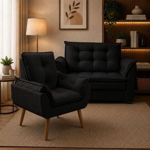Sofá Conjunto Poltrona e Sofá Pequeno 2 Lugares Fixo 140cm Preto