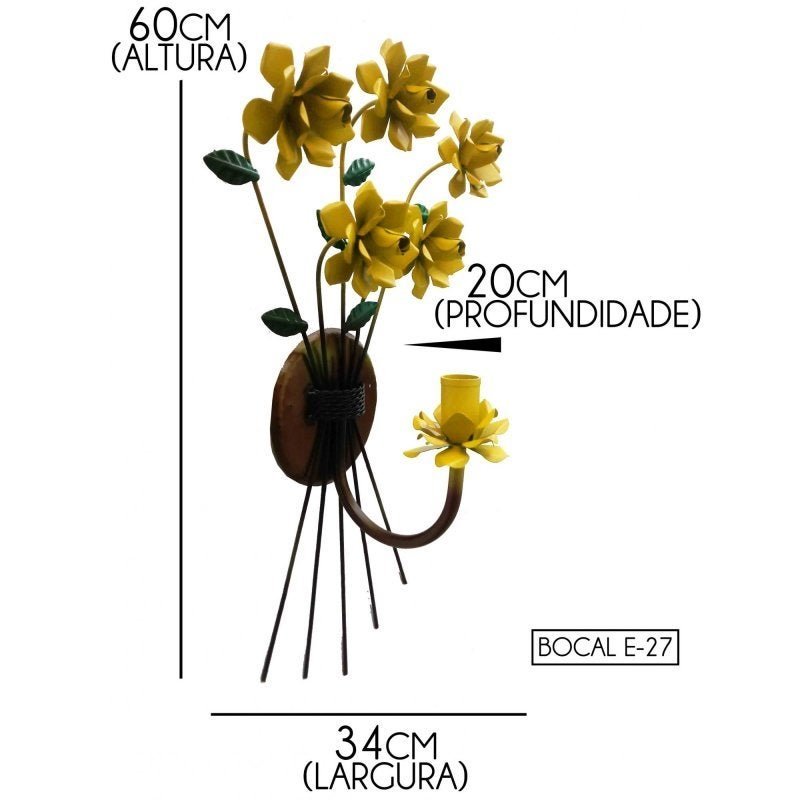 Luminária de Parede para Sala de Jantar em Ferro Artesanal e Flores - Amarelo - 2