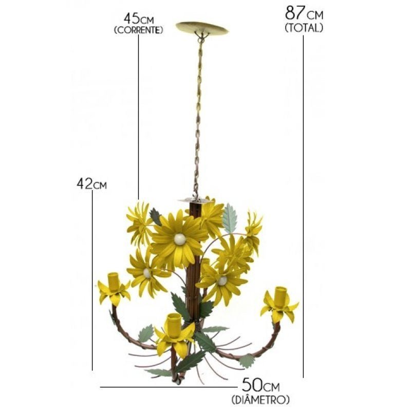 Luminária de Teto com Flores para Sala de Jantar em Ferro Envelhecida - Amarelo - 2