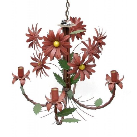 Luminária de Teto com Flores para Sala de Jantar em Ferro Envelhecida - Vermelho Escuro