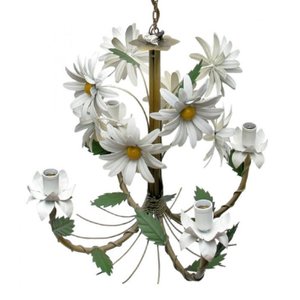 Luminária Sala de Jantar Rustica em Ferro com Flores com 04 Bocas - Branco