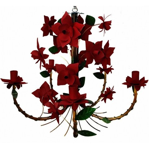 Lustre para Varanda Rustico Artesanal em Ferro e Lata com Flores - Vermelho Escuro