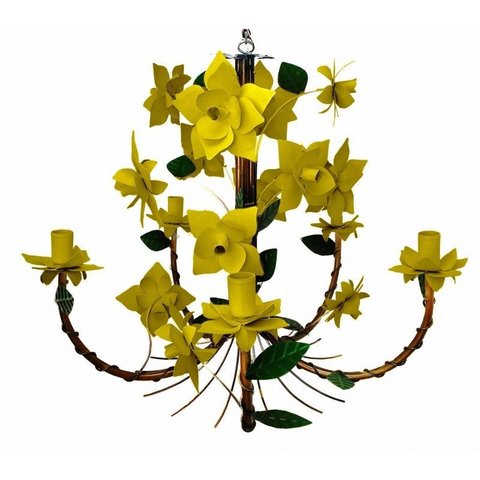 Pendente Artesanal Provençal Rustico de Teto com 05 Bocas Sala e Mesa de Jantar - Amarelo