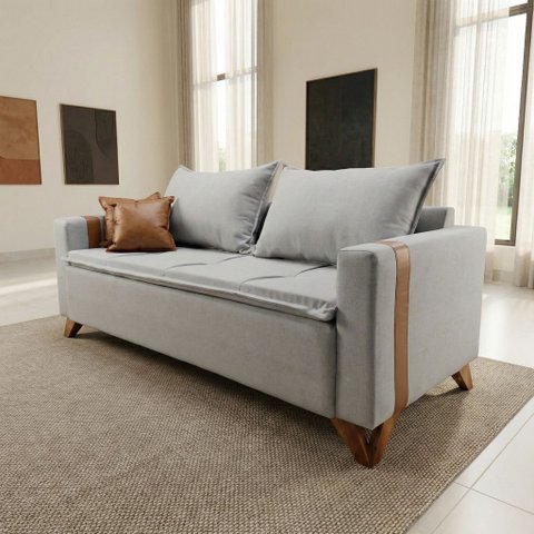 Sofá 2 Lugares Espanha Base Madeira Tecido Linho Cinza Claro Living 1,80m