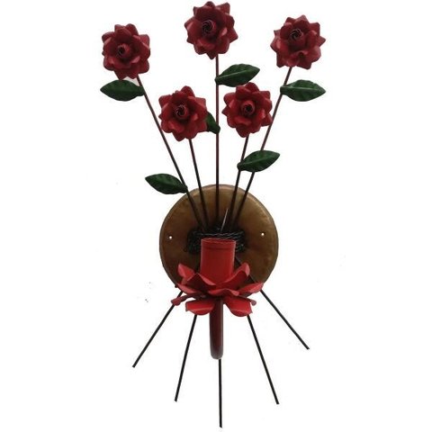 Luminária de Artesanato em Ferro de Parede com Flores Artesanais Rustica - Vermelho escuro