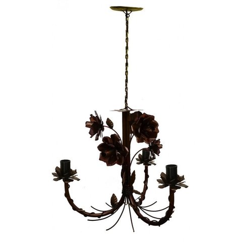 Lustre Artesanal de Ferro com Flores Rustico para Sala de Estar - Verniz