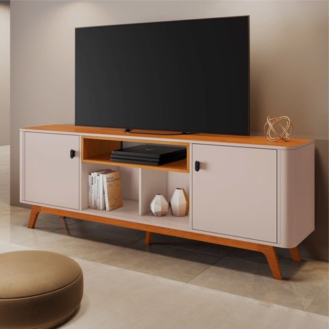 Rack para TV até 70 Polegadas MDF 180cm Pés em Madeira Maciça Bancada Detalhes Curvos e Oslo