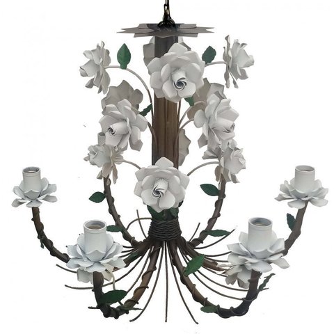 Lustre Rustico em Ferro Artesanal com Flores para Area Gourmet - Branco