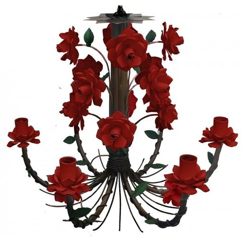 Lustre Rustico em Ferro Artesanal com Flores para Area Gourmet - Vermelho escuro
