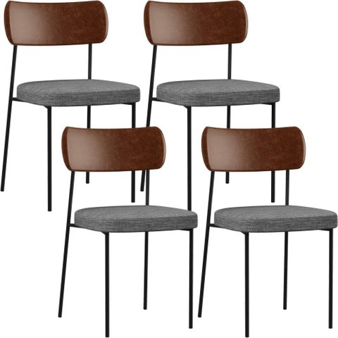Kit 04 Cadeiras para Sala de Jantar Melina L02 Couríssimo Marrom Linho Cinza Escuro - Lyam Decor