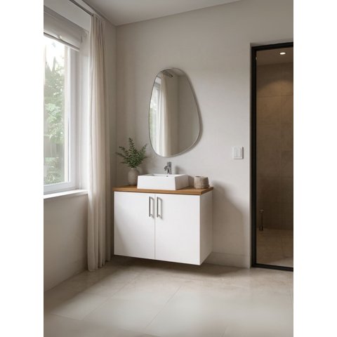 Gabinete para Banheiro com Cuba e Espelho Organico 80cm Mdf Freijo com Branco Paris - On Móveis