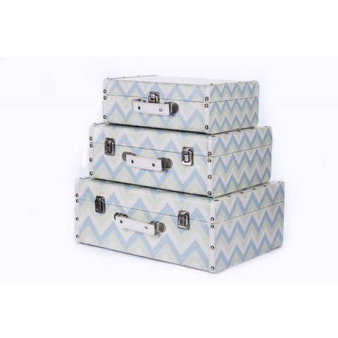 Trio de malas organizadoras decorativas maleta vintage chevron azul e verde bebê