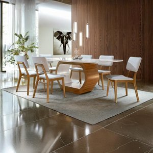 Conjunto de Sala 6 Cadeiras Liza com Mesa 1,80m - Madeira Tauari Maciça Encosto e Assento Estofados