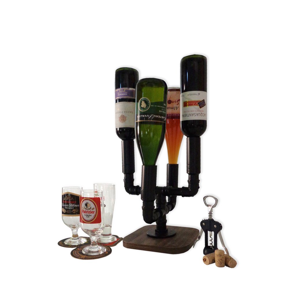 Adega Suporte Mesa Bar 4 Garrafas Porta Vinhos e Bebidas Estilo Industrial Preto Laca - 1