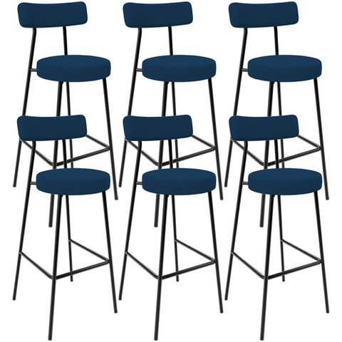 Kit 06 Banquetas Baixa Bar Cozinha Sala de Jantar Estrutura em Aço Milão L02 Suede Azul Marinho - Ly
