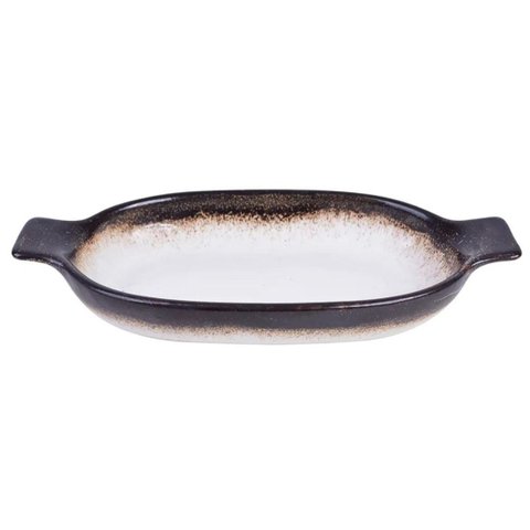 Travessa Oval de Cerâmica c/Alça Branca c/Marrom 30,5x15,5x4cm