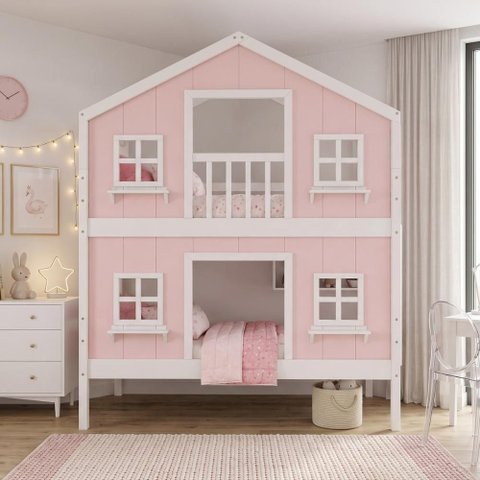 Beliche Infantil Casinha Dos Sonhos com Fechamento Inferior Madeira Maciça Rosa Branco Housin