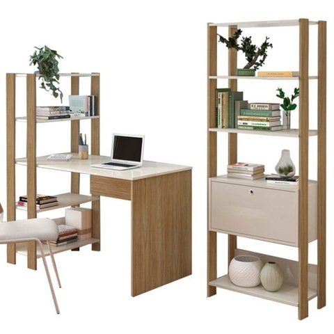 Mesa Escrivaninha e Estante Livreiro 1p Carvalho Off White Arly
