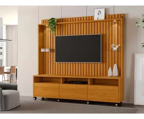 Ver imagem 1 de Estante Home Ripado para TV até 65 Polegadas -3 Gavetas e Nicho com Leds -Rodizio -Carmolar:Naturale