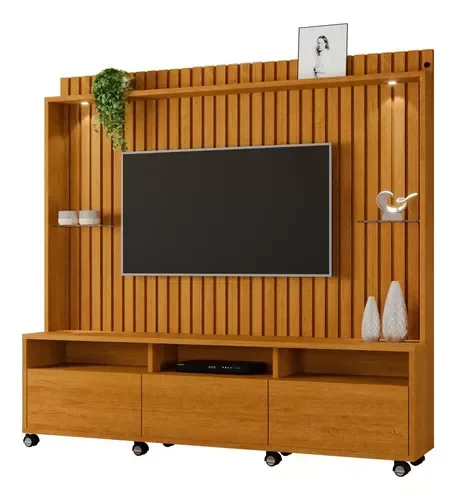 Ver imagem 4 de Estante Home Ripado Para Tv Até 65 Polegadas -3 Gavetas e Nicho com Leds -Rodizio -Carmolar:NATURALE