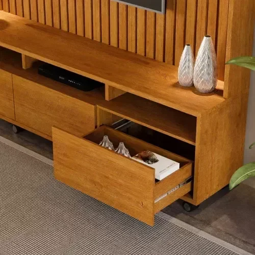 Ver imagem 2 de Estante Home Ripado para TV até 65 Polegadas -3 Gavetas e Nicho com Leds -Rodizio -Carmolar:Naturale