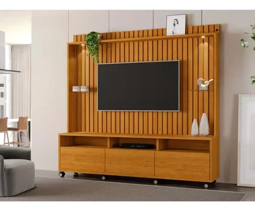 Ver imagem 1 de Estante Home Ripado Para Tv Até 65 Polegadas -3 Gavetas e Nicho com Leds -Rodizio -Carmolar:NATURALE