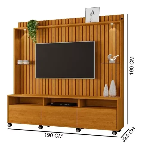 Ver imagem 3 de Estante Home Ripado Para Tv Até 65 Polegadas -3 Gavetas e Nicho com Leds -Rodizio -Carmolar:NATURALE