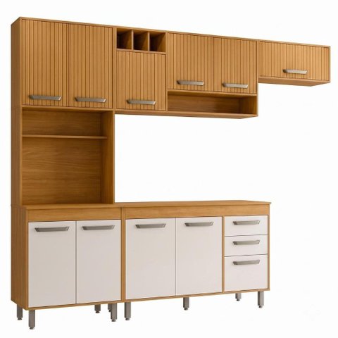 Cozinha Compacta 5 Peças 258x218 cm Balcão com Tampo Malta Freijo Ripado Off Acetinado Poliman