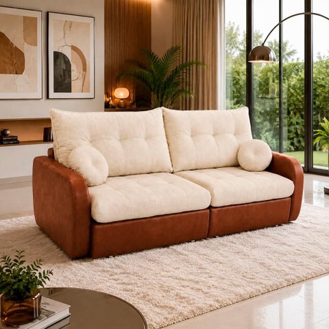 Sofá Cama Retrátil Napoli Bom Pastor Linho Off / Terra Cota