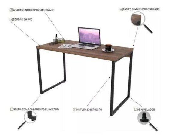 Mesa Para Escritório Office Estilo Industrial 1,20m Kuadra - 4