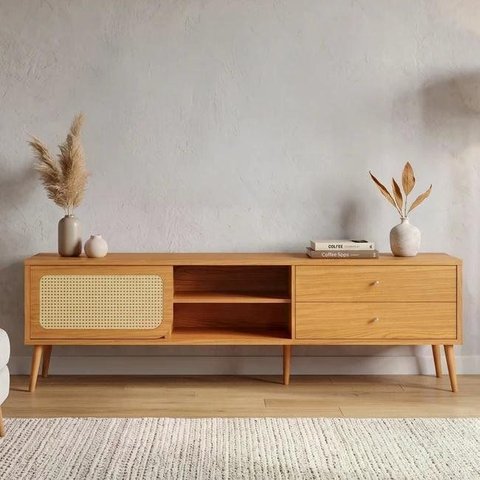 Rack Retrô para TV 2,20 m Palha Natural Pés em Madeira 2 Gavetas e Porta de Correr 100% MDF Dalla
