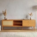 Ver imagem 1 de Rack Retrô para TV 2,20 m Palha Natural Pés em Madeira 2 Gavetas e Porta de Correr 100% MDF Dalla