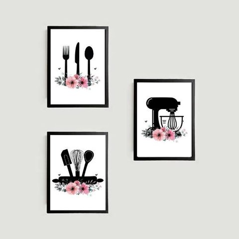 Kit 3 Quadros Utensílios de Cozinha 24x18cm - com vidro:Madeira branca