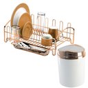 Ver imagem 1 de Kit Pia Cozinha Rosé Gold Lixeira Basculante 5L e Escorredor Pratos e Copos - Branco/Cobre