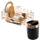 Ver imagem 1 de Kit Pia Cozinha Rosé Gold Lixeira Basculante 5L e Escorredor Pratos e Copos - Preto/Cobre